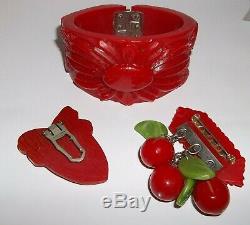 Vintage Bakelite Cherry Red Carved Daisy Bracelet -Brooch Pin Dress Scarf Clip