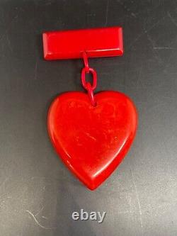 Vintage Bakelite Cherry Red Puffy Heart & Chain Bar Pin