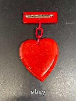 Vintage Bakelite Cherry Red Puffy Heart & Chain Bar Pin