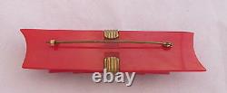 Vintage Bakelite Chunky Art Deco Cherry Red Dimensional Long Bow Pin with Brass