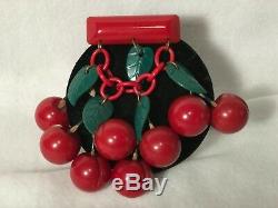 Vintage Bakelite Dangling Red Cherry Pin 8 Cherries Gorgeous