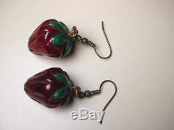 Vintage Bakelite Dark Deep Red Strawberry Carved Brooch Pin & Earrings Set