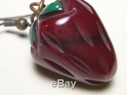 Vintage Bakelite Dark Deep Red Strawberry Carved Brooch Pin & Earrings Set