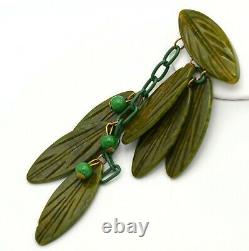 Vintage Bakelite Deep Carved Green Dangling Leaves Brooch Pin