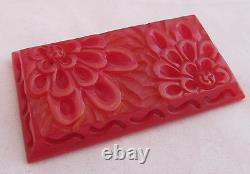 Vintage Bakelite Deep Heavy Carved Cherry Red Floral Pierced Border Pin Brooch