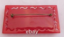 Vintage Bakelite Deep Heavy Carved Cherry Red Floral Pierced Border Pin Brooch