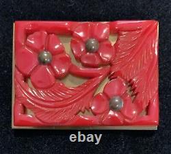 Vintage Bakelite Deep Heavy Carved Cherry Red Floral Pin Brooch Brass Back