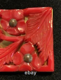 Vintage Bakelite Deep Heavy Carved Cherry Red Floral Pin Brooch Brass Back