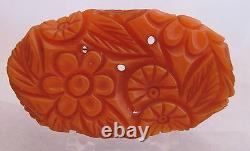 Vintage Bakelite Deep Heavy Carved Pumpkin Pie Orange Floral & Leaves Oval Large