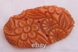 Vintage Bakelite Deep Heavy Carved Pumpkin Pie Orange Floral & Leaves Oval Large