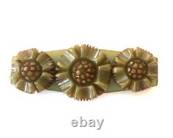 Vintage Bakelite Deep Heavy Carved Spinach Green Flower Bar Pin Brooch