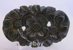 Vintage Bakelite Deep Heavy Carved Spinach Green with Marbled Floral Pin Brooch