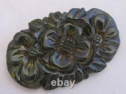 Vintage Bakelite Deep Heavy Carved Spinach Green with Marbled Floral Pin Brooch
