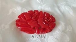 Vintage Bakelite Deeply Carved Cherry Red Flowers Brooch Pin TESTED