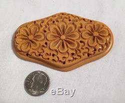 Vintage Bakelite Deeply Carved Flower Butterscotch Large Pin Brooch 23.5g Tested
