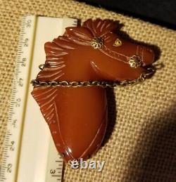Vintage Bakelite Equestrian Horse Brooch Pin Glass Eye Brass Accents
