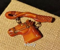 Vintage Bakelite Equestrian Horse Crop Dangle Brooch Pin Book Piece