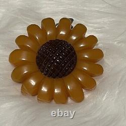 Vintage Bakelite Era Reverse Carved Butterscotch Sunflower Brooch Pin