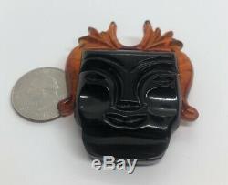 Vintage Bakelite Estate Brooch Pin Tribal Face Mid Century Modern Carved Mask