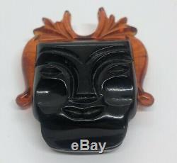 Vintage Bakelite Estate Brooch Pin Tribal Face Mid Century Modern Carved Mask