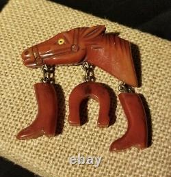Vintage Bakelite Figural Horse Dangle Brooch Pin Amber Brown Charms Boots