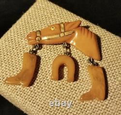 Vintage Bakelite Figural Horse Dangle Brooch Pin Butterscotch Charms Boots