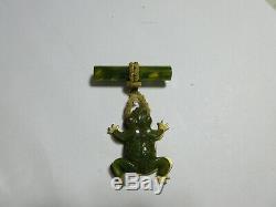Vintage Bakelite Frog Set On Brass Base Dangle From Bakelite Bar Pin