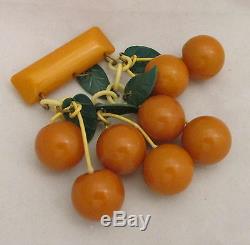 Vintage Bakelite Golden Butterscotch Colored Carved Cherries Dangle Pin Brooch