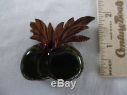 Vintage Bakelite Green Apples Pin Broach Attached to Carved Wood Back