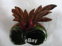 Vintage Bakelite Green Apples Pin Broach Attached to Carved Wood Back