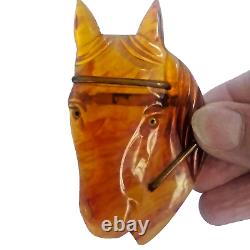 Vintage Bakelite Hand Carved Horse Head Brooch Amber Brown with Brass Accents