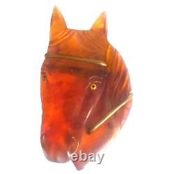 Vintage Bakelite Hand Carved Horse Head Brooch Amber Brown with Brass Accents