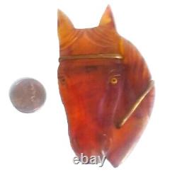 Vintage Bakelite Hand Carved Horse Head Brooch Amber Brown with Brass Accents