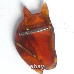 Vintage Bakelite Hand Carved Horse Head Brooch Amber Brown with Brass Accents