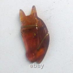 Vintage Bakelite Hand Carved Horse Head Brooch Amber Brown with Brass Accents