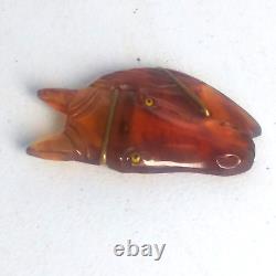 Vintage Bakelite Hand Carved Horse Head Brooch Amber Brown with Brass Accents