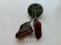 Vintage Bakelite Hat and Hiking Boots Green and Brown Brooch Pin