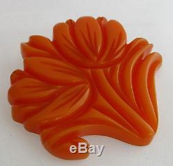 Vintage Bakelite Heavy Deep Carved Spring Tulip Flower Pin Brooch Pumpkin Orange