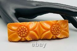 Vintage Bakelite Heavy Deep Carved Two Flowers Pumpkin Orange Brooch Pin