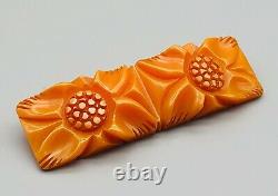 Vintage Bakelite Heavy Deep Carved Two Flowers Pumpkin Orange Brooch Pin