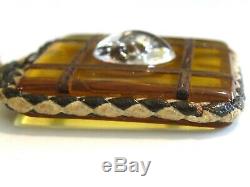 Vintage Bakelite Horse Dangle Medallion Pin Brooch W Essex Crystal & Wood Inlay