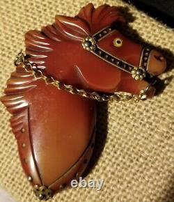 Vintage Bakelite Horse Head Brooch Pin With Bridle Painted Western Americana