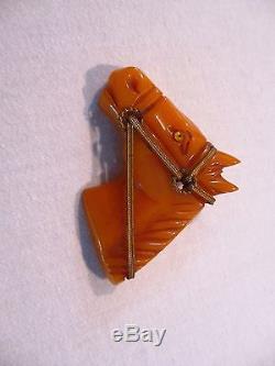 Vintage Bakelite Horse Head Butterscotch with Metal Bridle and Rein Pin Brooch