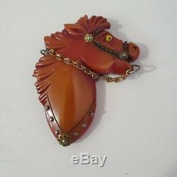 Vintage Bakelite Horse Head Pin Brooch With Bridle Glass Eyes Amber