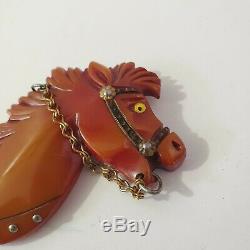 Vintage Bakelite Horse Head Pin Brooch With Bridle Glass Eyes Amber
