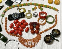 Vintage Bakelite Jewelry Large Collection Pins Earrings Necklaces Amber Carved