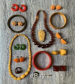 Vintage Bakelite Jewelry Lot Carved Earrings Necklace Bangles Ring Pin Clip
