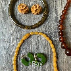 Vintage Bakelite Jewelry Lot Carved Earrings Necklace Bangles Ring Pin Clip