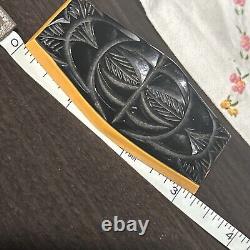 Vintage Bakelite Laminate Black Butterscotch Large Bar Pin Brooch Flower Motif