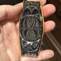 Vintage Bakelite Laminate Black Butterscotch Large Bar Pin Brooch Flower Motif